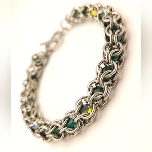 Chainmail Stainless Steel Bracelet With Captured Green Preciosa Crystals